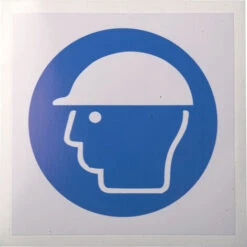Panneau Obligation, Avec Pictogramme : Casque De Protection Obligatoire, Auto-adhésif, En Vinyle ( Prix Pour 1 )