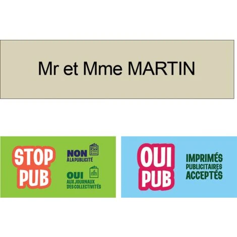 Plaque Boite Aux Lettres Personnalisée Adhésive Au Format 100x25mm - Beige Lettres Noires - 1 Ligne + Sticker Stop Pub