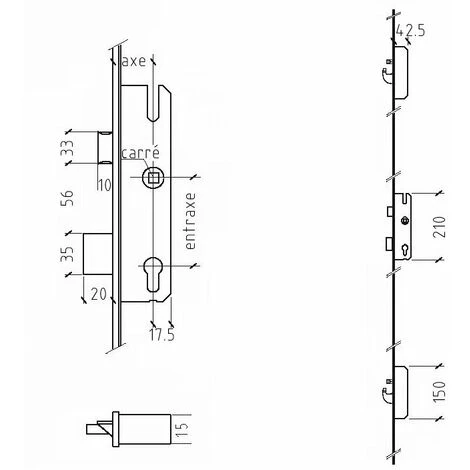 Serrure As2750 - Verrouillage : A La Clé - Nombre De Points De Fermeture : 3 - Type Points De Fermeture Auxiliaires : Pêne 1/2T Et Crochet - Carré (mm) : 8 - Entraxe (mm) : 92 - Axe (mm) : 35 - Finition Têtière : Inox - Section Têtière : U 24 X 6 - Lg Têtière (mm) : 2170 - Modele : B001 - Schéma : 1 - KFV – Image 2