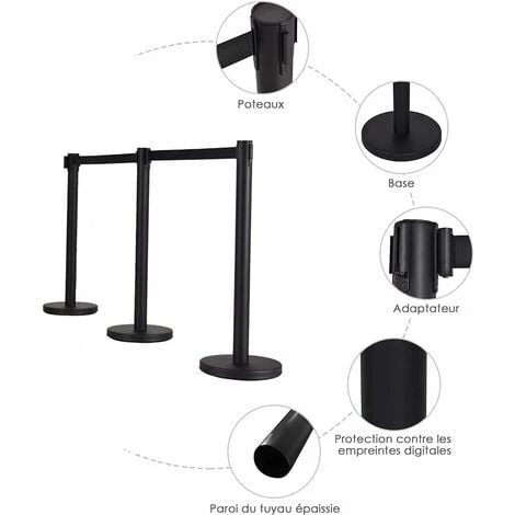 COSTWAY 4 Poteaux De Guidage Guide File Avec 2 Sangles Rétractable 2 M En Acier Inoxydable Pour Aéroport, Théâtres, Cinéma Noir – Image 2