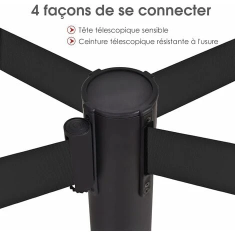 COSTWAY 4 Poteaux De Guidage Guide File Avec 2 Sangles Rétractable 2 M En Acier Inoxydable Pour Aéroport, Théâtres, Cinéma Noir – Image 3