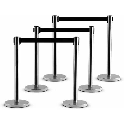 COSTWAY 6 Poteaux De Guidage Guide File Avec 3 Sangles Rétractable 2 M En Acier Inoxydable Pour Aéroport, Théâtres, Cinéma Noir
