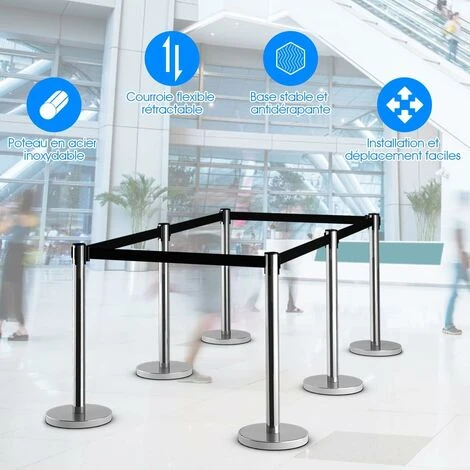 COSTWAY 6 Poteaux De Guidage Guide File Avec 3 Sangles Rétractable 2 M En Acier Inoxydable Pour Aéroport, Théâtres, Cinéma Noir – Image 2