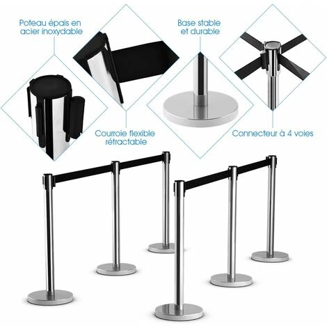 COSTWAY 6 Poteaux De Guidage Guide File Avec 3 Sangles Rétractable 2 M En Acier Inoxydable Pour Aéroport, Théâtres, Cinéma Noir – Image 4
