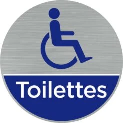 Pictogramme Toilettes Handicapés (Q0462). Autocollant Souple Effet Alu Brossé Ou Plaque De Porte Alu Brossé Ep 2mm Au Choix - Adhésif Aspect Aluminium Brossé - Diamètre 76 Mm