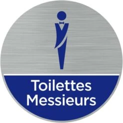 Pictogramme Toilettes Hommes (Q0465). Autocollant Souple Effet Alu Brossé Ou Plaque De Porte Alu Brossé Ep 2mm Au Choix - Adhésif Aspect Aluminium Brossé - Diamètre 76 Mm
