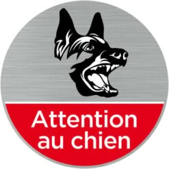Pictogramme Attention Au Chien (Q0469). Autocollant Souple Effet Alu Brossé Ou Plaque De Porte Alu Brossé Ep 2mm Au Choix - Adhésif Aspect Aluminium Brossé - Diamètre 83 Mm