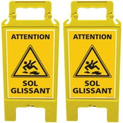 Lot De 2 Chevalets ATTENTION SOL GLISSANT (WPSG680I-X2). 2 Balises De Signalisation Pour Surface Glissante, De Couleur Jaune. 60 X 30 Cm