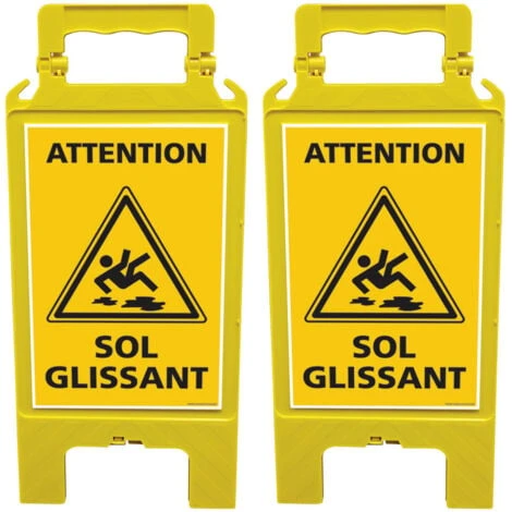 Lot De 2 Chevalets ATTENTION SOL GLISSANT (WPSG680I-X2). 2 Balises De Signalisation Pour Surface Glissante, De Couleur Jaune. 60 X 30 Cm