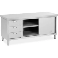 Meuble Bas Inox Table Travail Armoire Portes Coulissantes & 3 Tiroirs 200x60cm
