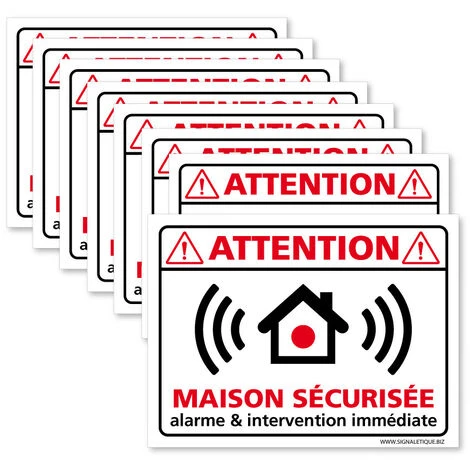 Autocollants Maison Sécurisée & Intervention Immédiate, Lot De 8 Autocollants Dissuasifs. Adhésifs Pour Sécuriser Sa Maison - Adhésif Blanc - 80 X 60 Mm