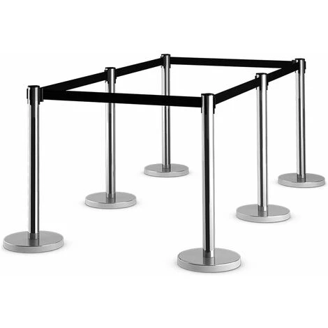 GOPLUS Lot De 6 Poteau De File D'Attente Noir Avec Cordon Noir,Poteaux De Guidage Retractables Avec Ceinture Retractable De 2M,Poteau De Separation Retractable,File D'Attente En Acier (6, Argent+Noir)