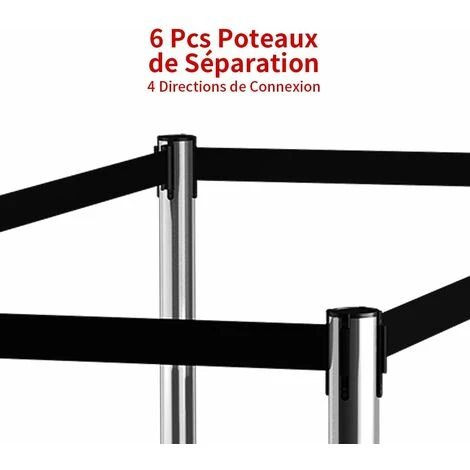 GOPLUS Lot De 6 Poteau De File D'Attente Noir Avec Cordon Noir,Poteaux De Guidage Retractables Avec Ceinture Retractable De 2M,Poteau De Separation Retractable,File D'Attente En Acier (6, Argent+Noir) – Image 2