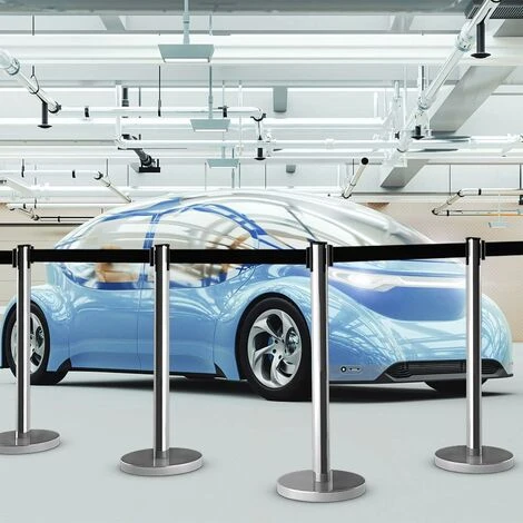 GOPLUS Lot De 6 Poteau De File D'Attente Noir Avec Cordon Noir,Poteaux De Guidage Retractables Avec Ceinture Retractable De 2M,Poteau De Separation Retractable,File D'Attente En Acier (6, Argent+Noir) – Image 3