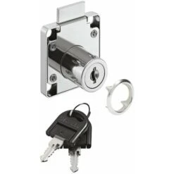 Serrure à Pêne Dormant Acier Chromé En Applique Avec Clé Pliante, Rosace, Gâche Cylindre à Paillettes Axe D = 24mm Meuble Porte