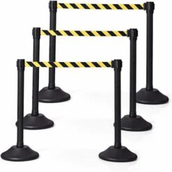 GOPLUS Lot De 6 Poteau De File D'Attente Noir Avec Cordon Noir, Poteaux De Guidage Noirs Retractables Avec Ceinture Retractable De 2M, Poteau De Separation Retractable (6, Noir+Jaune[Plastique])