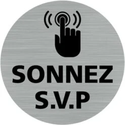 Pictogramme Sonnez S.V.P (Q0453). Autocollant Souple Effet Alu Brossé Ou Plaque De Porte Alu Brossé Ep 2mm Au Choix - Adhésif Aspect Aluminium Brossé - Diamètre 76 Mm