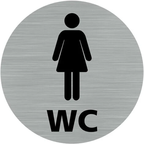 Pictogramme WC Femmes (Q0419). Autocollant Souple Effet Alu Brossé Ou Plaque De Porte Alu Brossé Ep 2mm Au Choix - Adhésif Aspect Aluminium Brossé - Diamètre 76 Mm