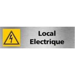 Pictogramme Local Electrique (Q0475). Signalisation Porte - 170 X 50 Mm - Autocollant Souple Ou Plaque Alu Brossé 2mm. - Adhésif Aspect Aluminium Brossé