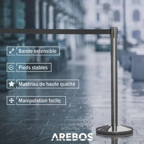 AREBOS 2x Poteaux De Guidage Avec Cordes, Noir, Barrières De Sécurité Argenté, Rétractable Barrière De Guidage – Image 2