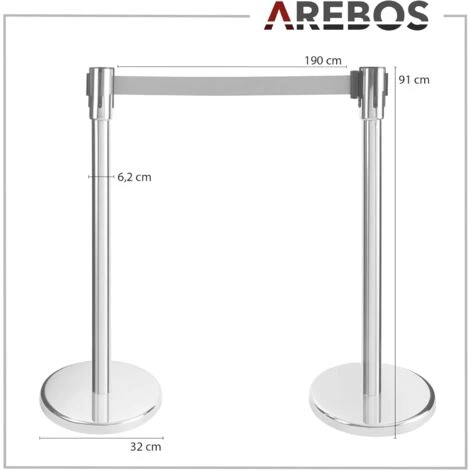 AREBOS 2x Poteaux De Guidage Avec Cordes, Noir, Barrières De Sécurité Argenté, Rétractable Barrière De Guidage – Image 5