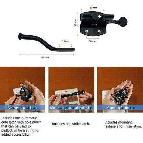 Verrou De Porte Automatique Noir, Serrure De Jardin Automatique, Verrou De Portail, Avec 6 Vis, Pour Patio/Jardin/Porte – Image 3