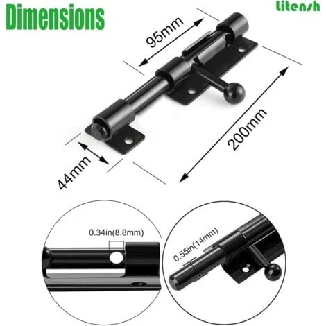 Serrure De Porte De Sécurité à Pêne Coulissant Robuste Avec Trou Pour Cadenas, Acier Inoxydable 304 Noir Mat, Longueur 6 Pouces 160 Mm, Diamètre 14 Mm. (8 Pouces (200mm)-6 Pouces 160mm – Image 3