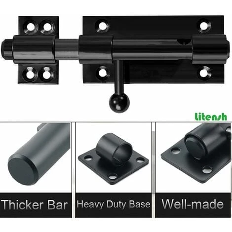 Serrure De Porte De Sécurité à Pêne Coulissant Robuste Avec Trou Pour Cadenas, Acier Inoxydable 304 Noir Mat, Longueur 6 Pouces 160 Mm, Diamètre 14 Mm. (8 Pouces (200mm)-6 Pouces 160mm – Image 4